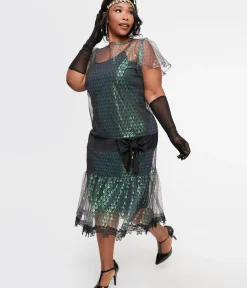 Unique Vintage Special Occasion|Flapper Dresses>Plus Size 1920s Iridescent Peacock & Black Bow Flapper Dress