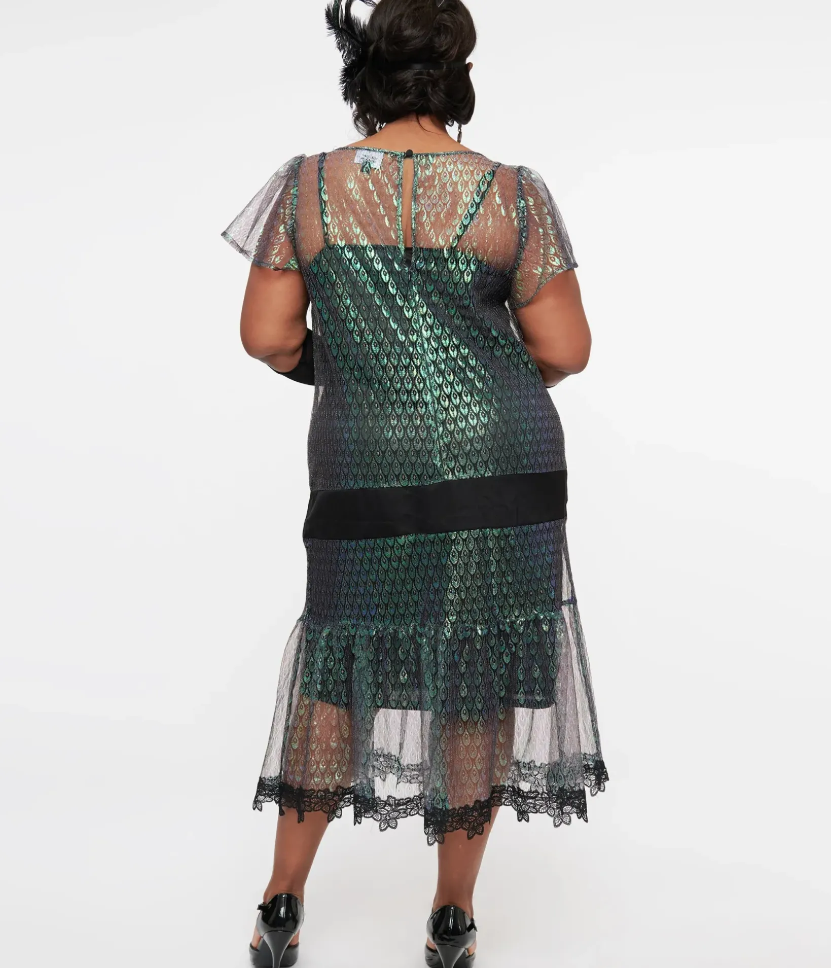 Unique Vintage Special Occasion|Flapper Dresses>Plus Size 1920s Iridescent Peacock & Black Bow Flapper Dress
