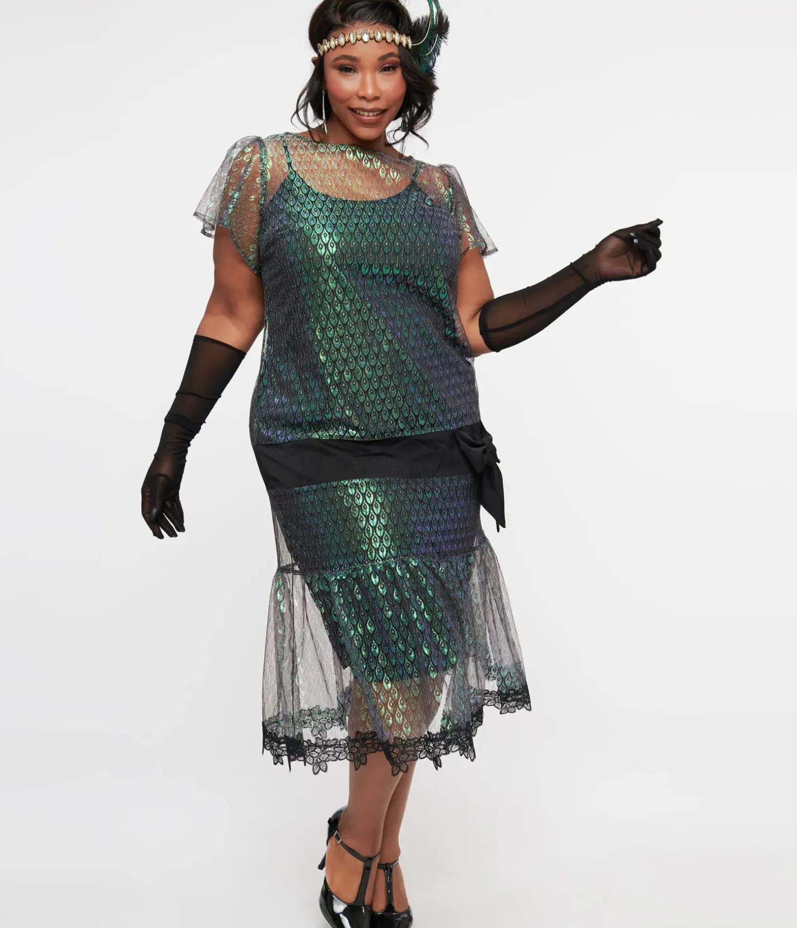 Unique Vintage Special Occasion|Flapper Dresses>Plus Size 1920s Iridescent Peacock & Black Bow Flapper Dress