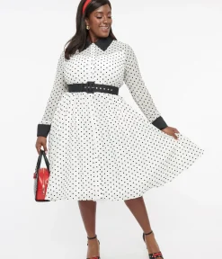 Unique Vintage Swing|Swing>Plus Size 1950s Ivory & Black Polka Dot Tulle Swing Dress