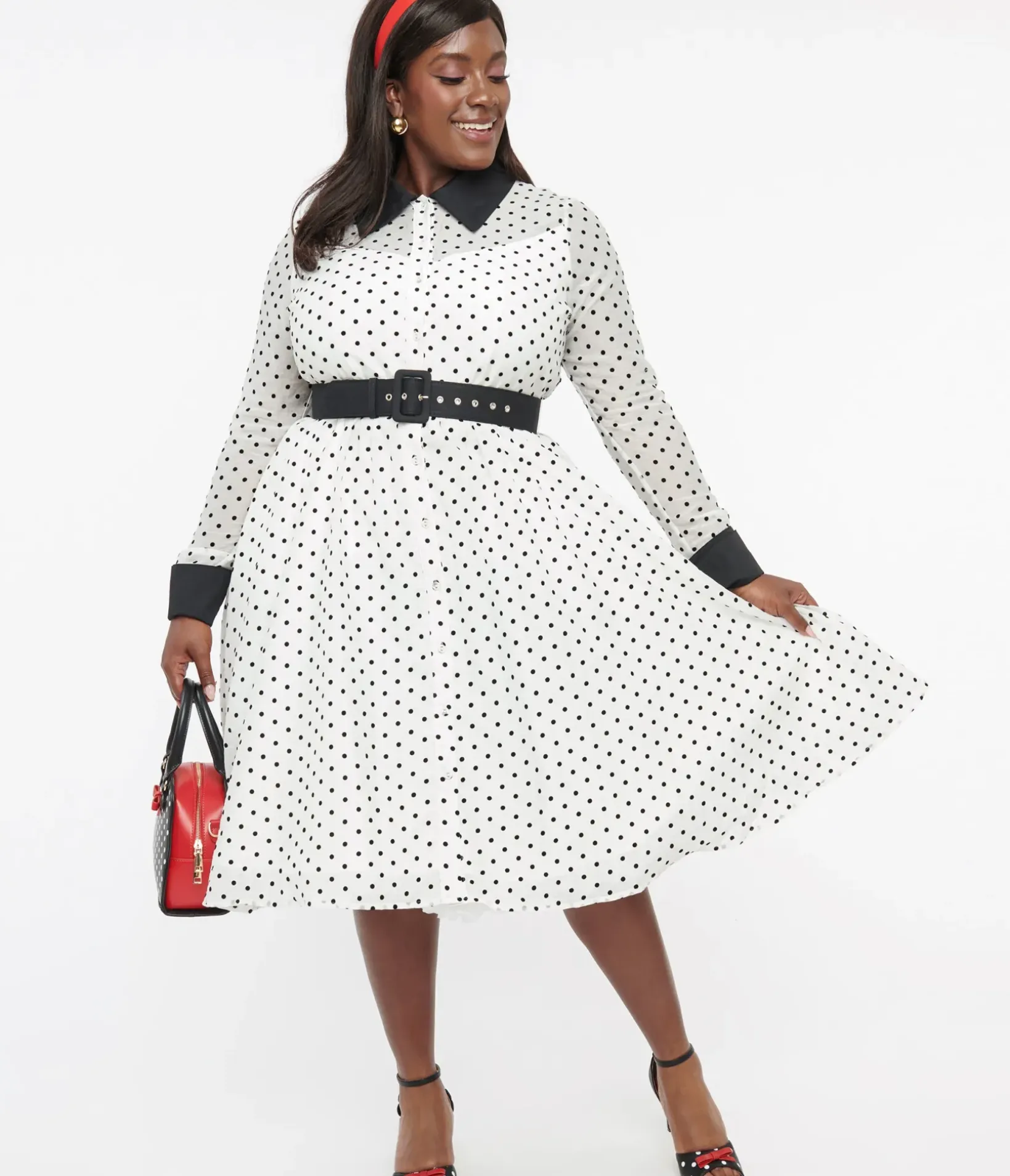 Unique Vintage Swing|Swing>Plus Size 1950s Ivory & Black Polka Dot Tulle Swing Dress