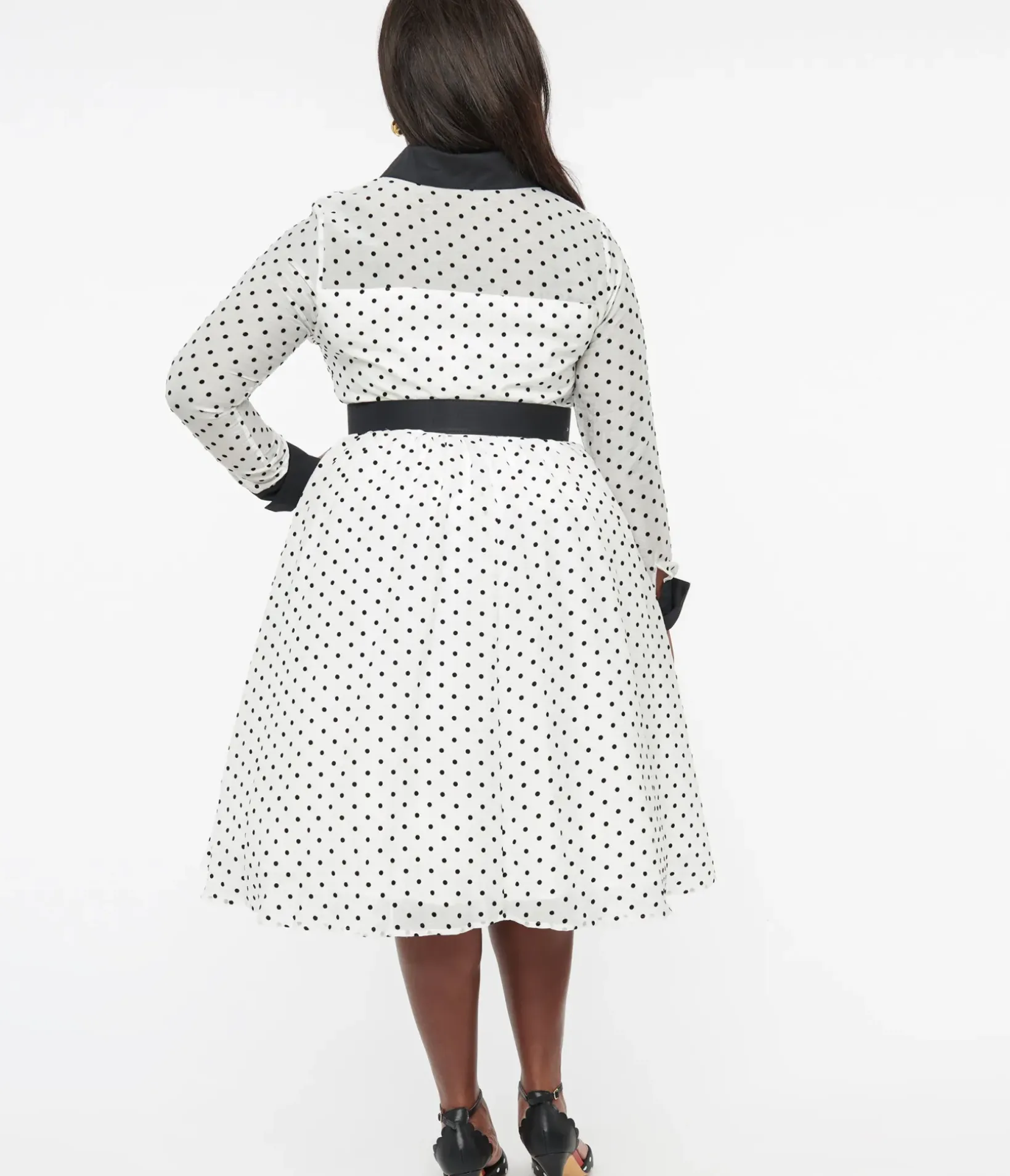 Unique Vintage Swing|Swing>Plus Size 1950s Ivory & Black Polka Dot Tulle Swing Dress