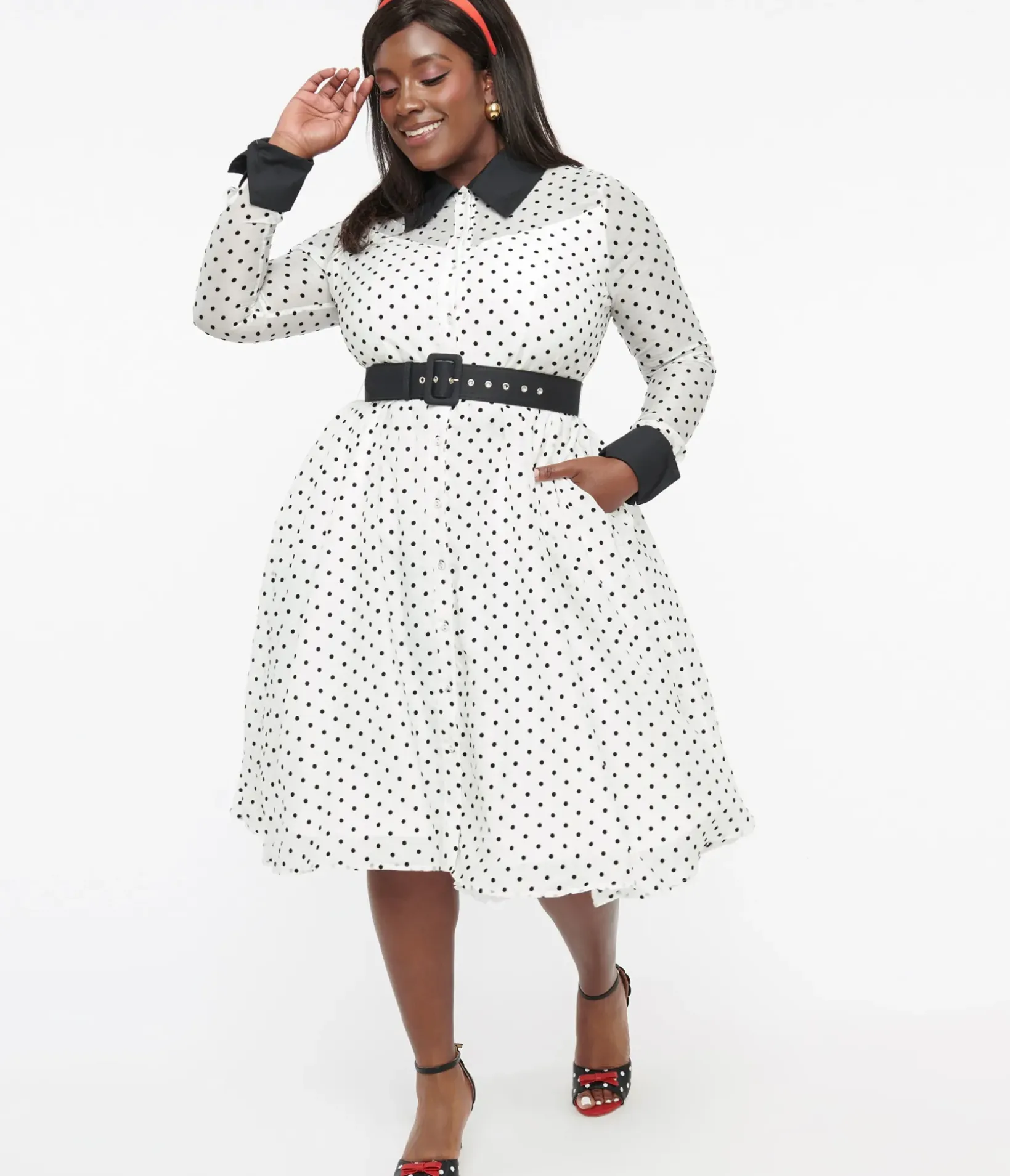 Unique Vintage Swing|Swing>Plus Size 1950s Ivory & Black Polka Dot Tulle Swing Dress