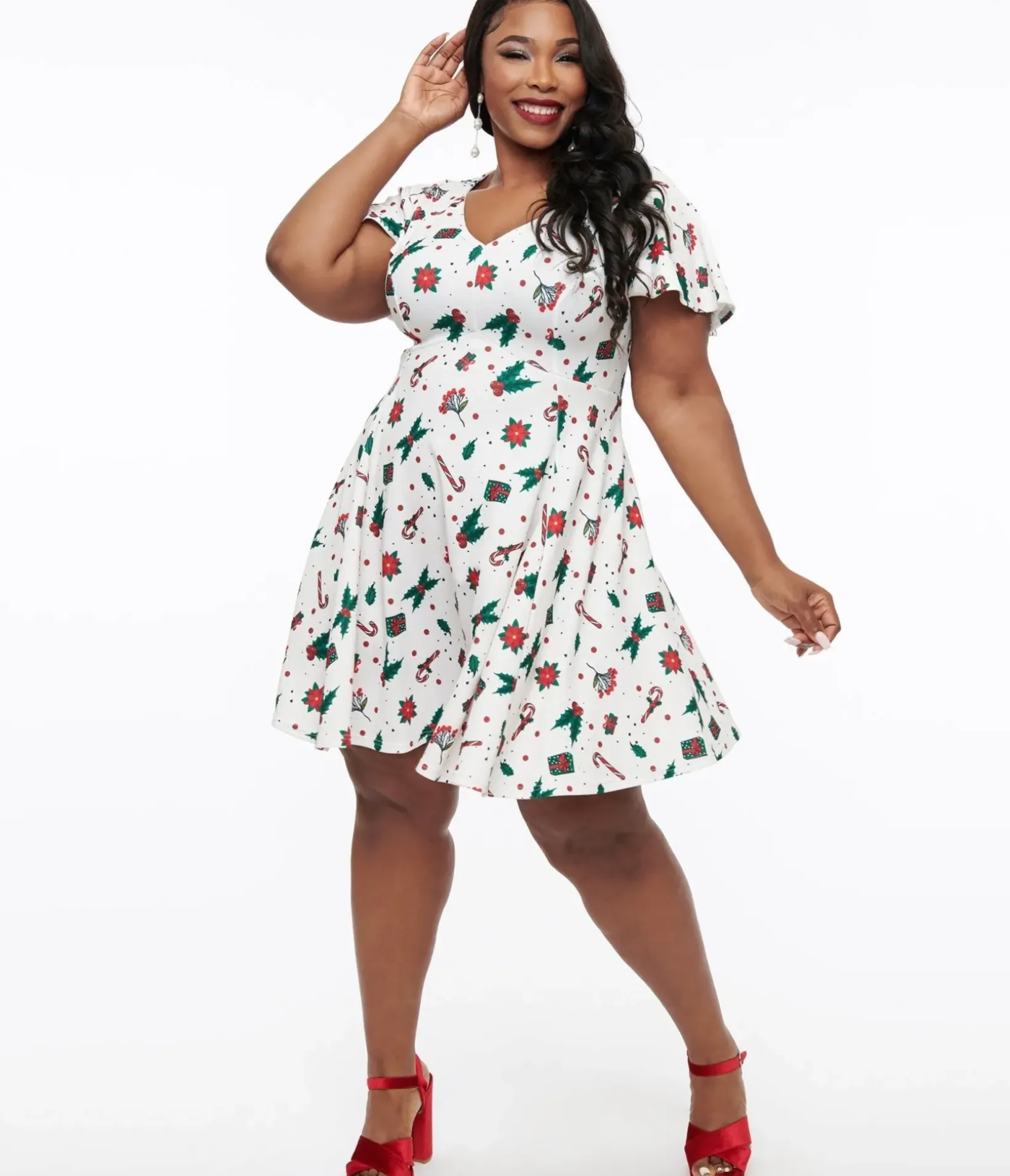 Unique Vintage Fit & Flare|Pocket Dresses>Plus Size 1950s Ivory Christmas Print Poppy Flare Dress