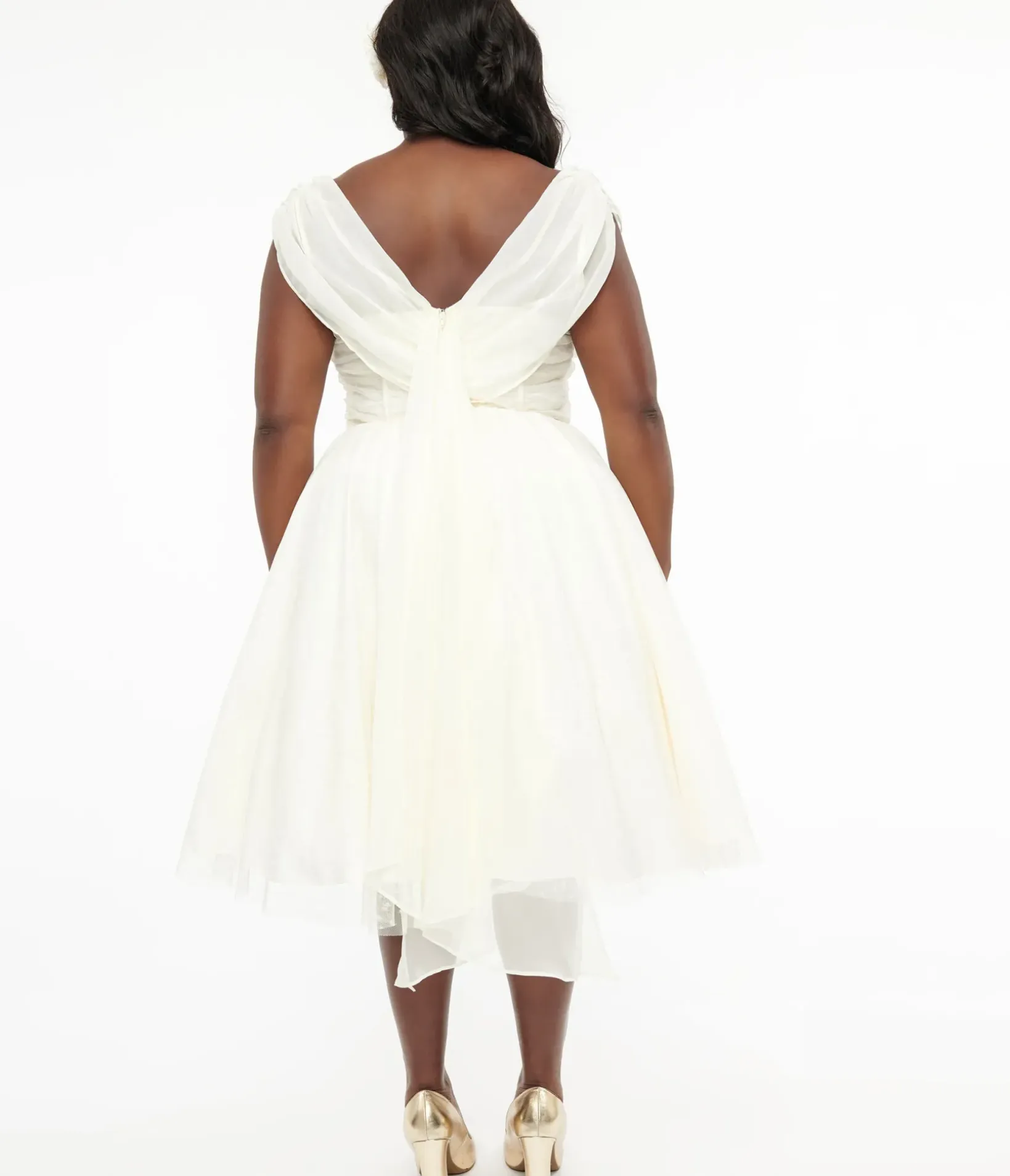 Unique Vintage Everyday Dresses|Special Occasion>Plus Size 1950s Ivory Clip Dot Off The Shoulder Cocktail Dress