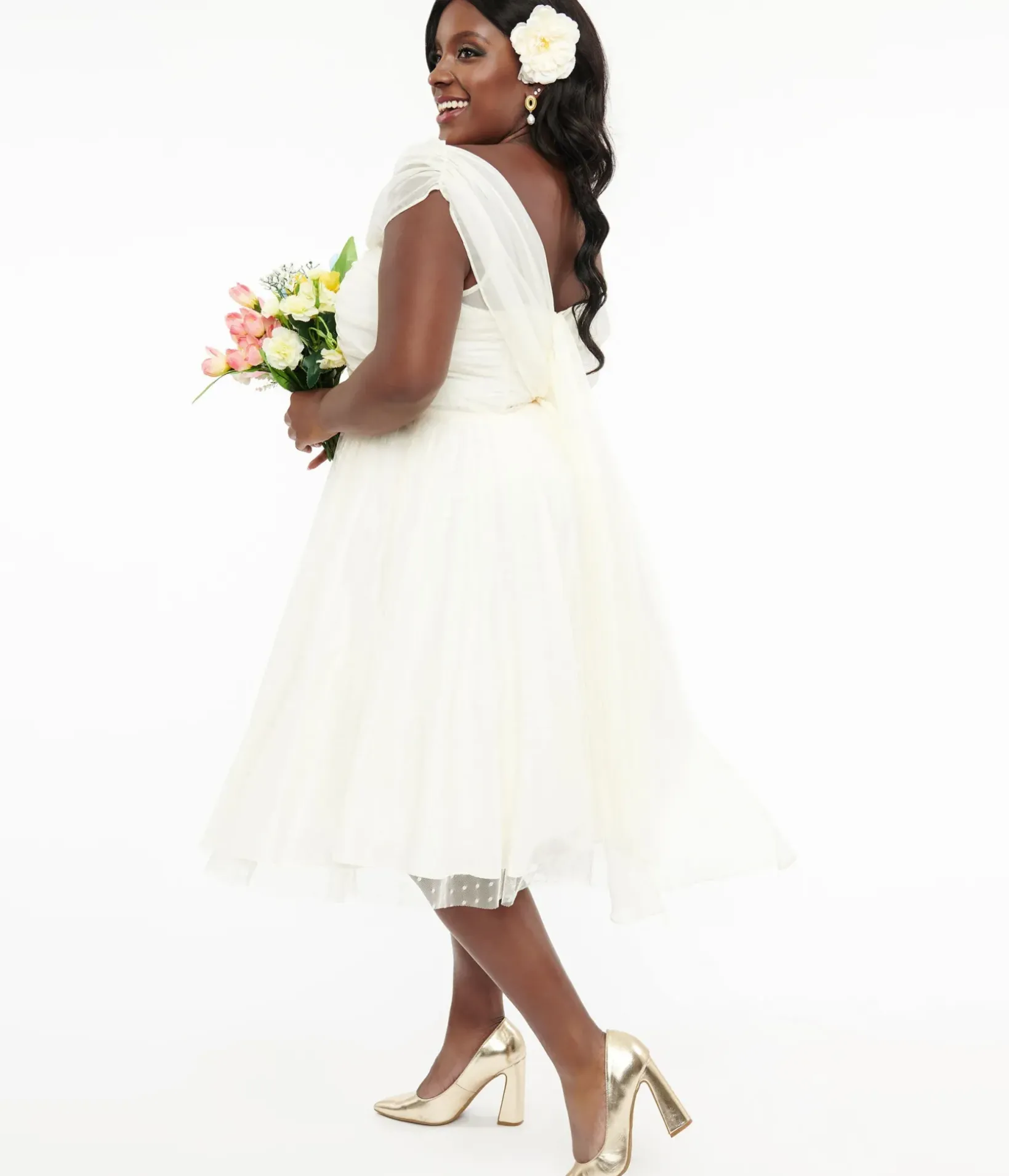 Unique Vintage Everyday Dresses|Special Occasion>Plus Size 1950s Ivory Clip Dot Off The Shoulder Cocktail Dress