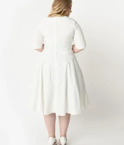 Unique Vintage Swing|Pocket Dresses>Plus Size 1950s Ivory Delores Swing Dress with Sleeves