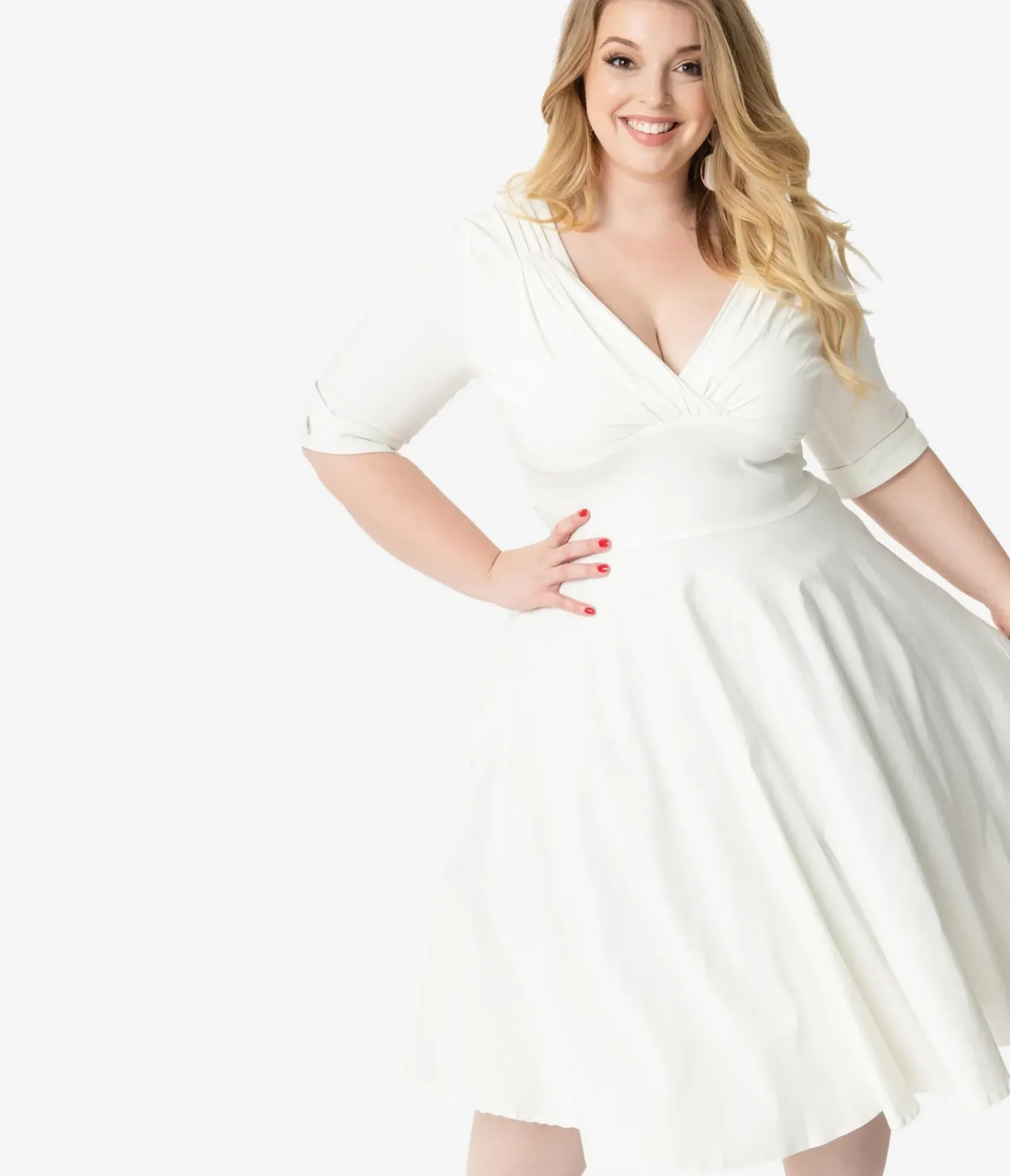 Unique Vintage Swing|Pocket Dresses>Plus Size 1950s Ivory Delores Swing Dress with Sleeves