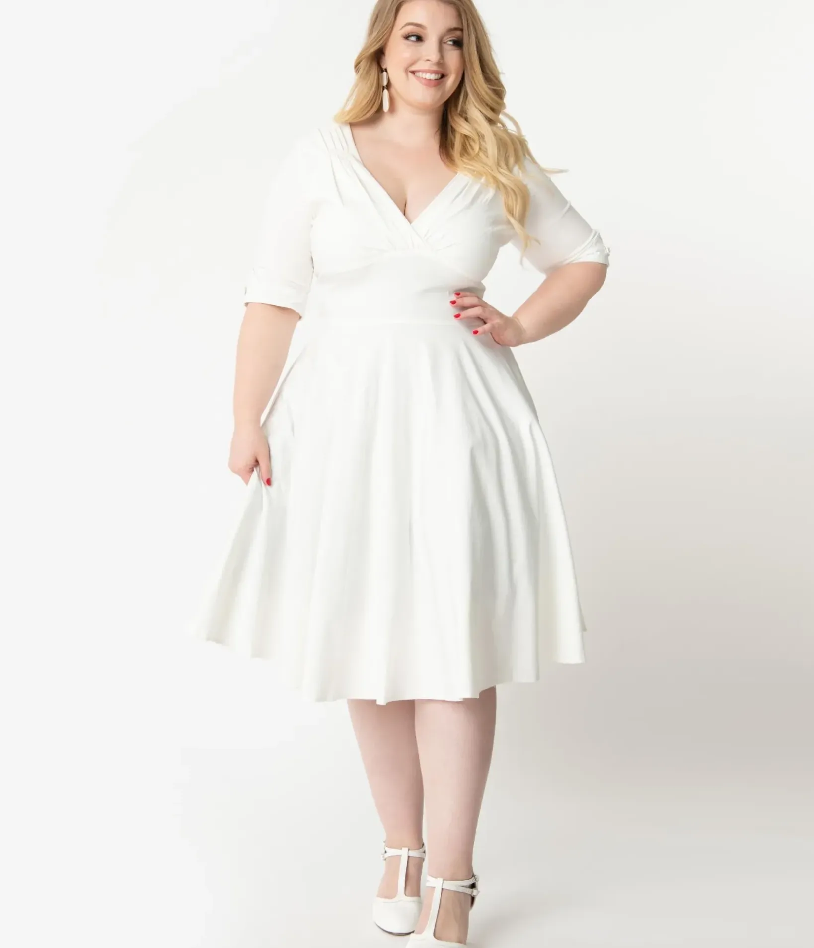Unique Vintage Swing|Pocket Dresses>Plus Size 1950s Ivory Delores Swing Dress with Sleeves