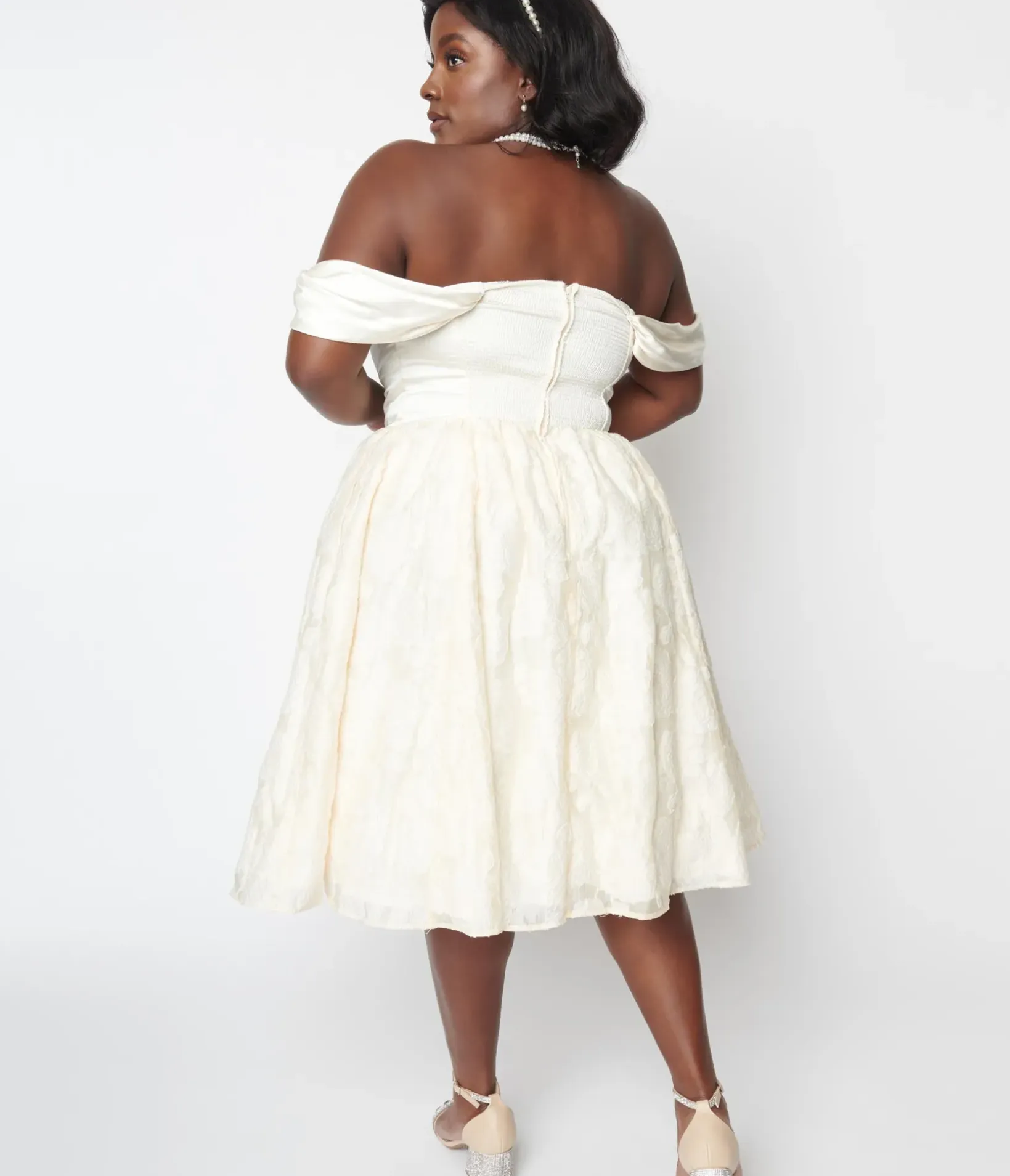 Unique Vintage Swing|Pocket Dresses>Plus Size 1950s Ivory Floral Off Shoulder Flare Dress