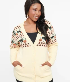 Unique Vintage Sweaters & Cardigans|Halloween>Plus Size 1960s Ivory & Orange Halloween Print Cardigan