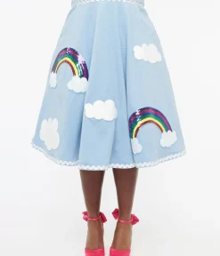 Unique Vintage Skirts|Skirts>Plus Size 1950s Light Blue & Rainbow Sequin Soda Shop Swing Skirt