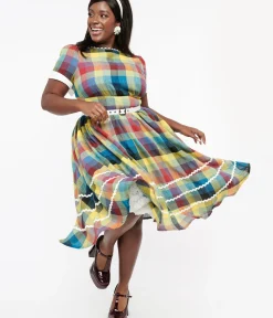 Unique Vintage Swing|Swing>Plus Size 1950s Multicolor Plaid Cotton Swing Dress