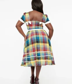 Unique Vintage Swing|Swing>Plus Size 1950s Multicolor Plaid Cotton Swing Dress