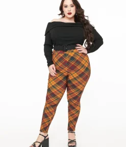 Unique Vintage Pants|Pants>Plus Size 1960s Mustard & Burgundy Plaid High Waist Cigarette Pants