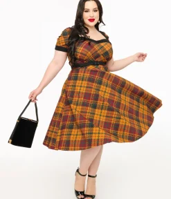 Unique Vintage Swing|Pocket Dresses>Plus Size 1950s Mustard Yellow & Burgundy Plaid Swing Dress