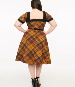 Unique Vintage Swing|Pocket Dresses>Plus Size 1950s Mustard Yellow & Burgundy Plaid Swing Dress