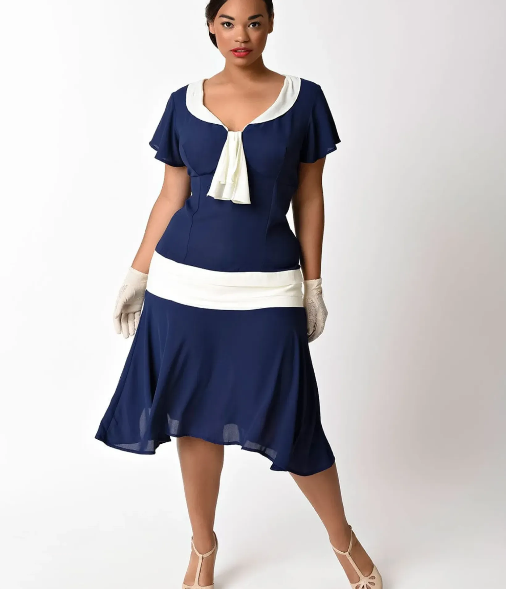 Unique Vintage Swing|Swing>Plus Size 1920s Navy Blue & Ivory Wilshire Flapper Day Dress