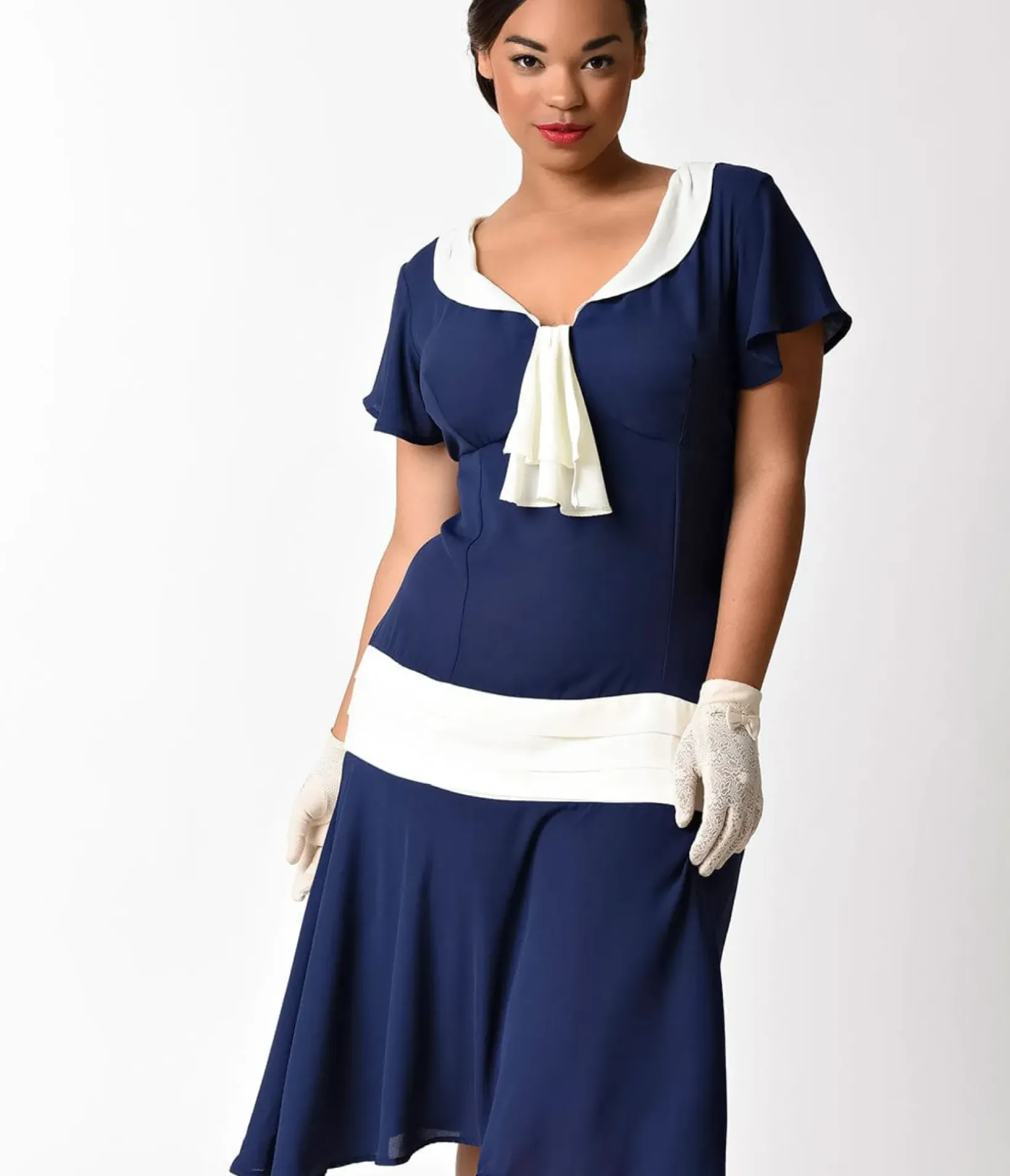 Unique Vintage Swing|Swing>Plus Size 1920s Navy Blue & Ivory Wilshire Flapper Day Dress