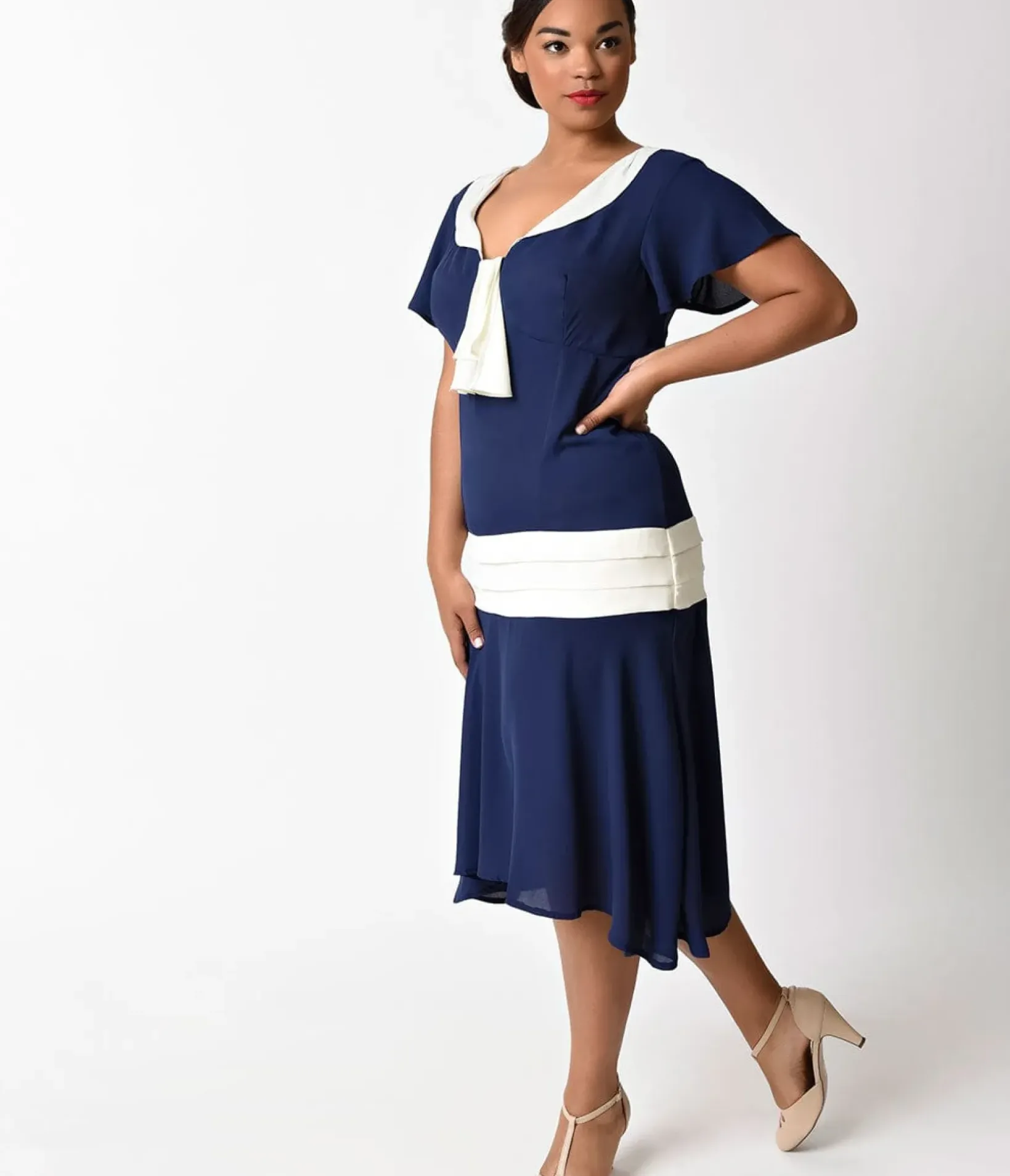 Unique Vintage Swing|Swing>Plus Size 1920s Navy Blue & Ivory Wilshire Flapper Day Dress