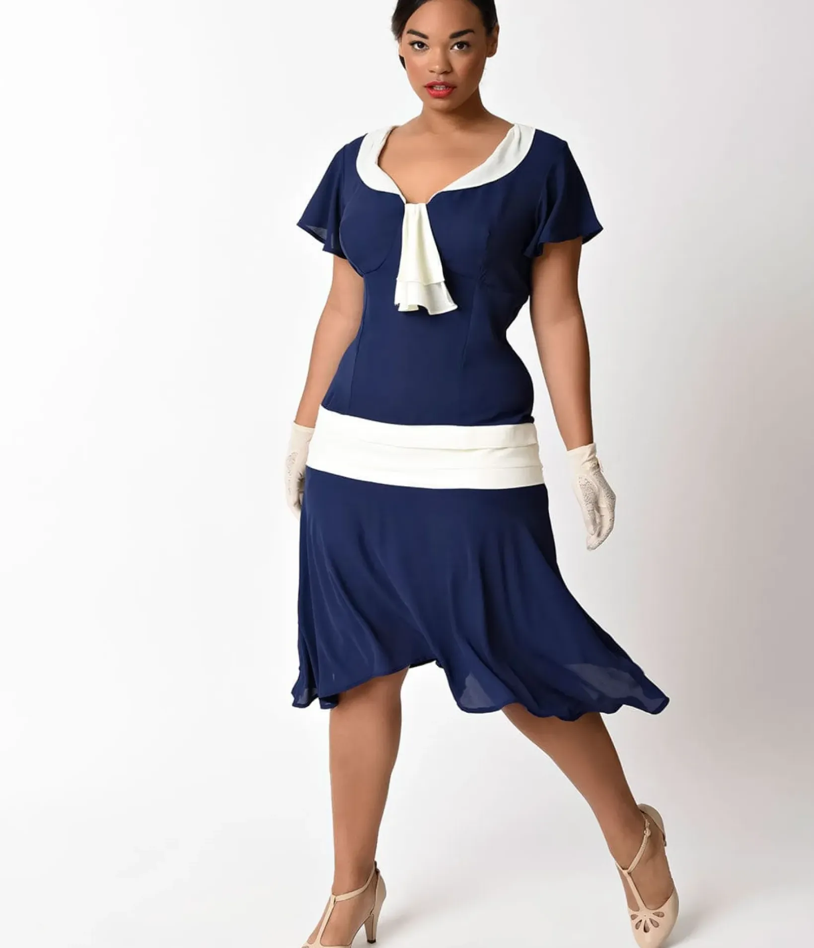 Unique Vintage Swing|Swing>Plus Size 1920s Navy Blue & Ivory Wilshire Flapper Day Dress