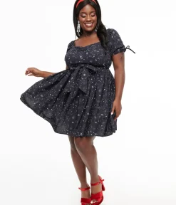 Unique Vintage Swing|Pocket Dresses>Plus Size 1950s Navy Cosmos Print Swing Dress
