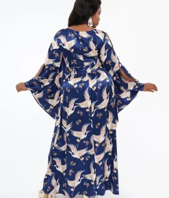 Unique Vintage Maxi|Caftans>Plus Size 1960s Navy Crane Flutter Sleeve Caftan