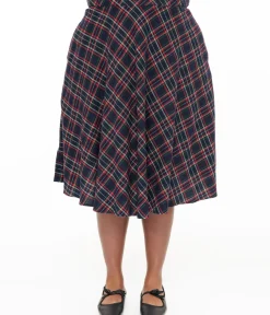 Unique Vintage Skirts|Skirts>Plus Size 1950s Navy & Green Plaid High Waist Vivien Swing Skirt