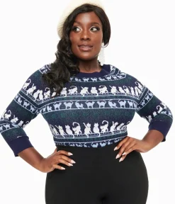 Unique Vintage Sweaters & Cardigans|Sweaters & Cardigans>Plus Size 1940s Navy & White Cat Pattern Lorelai Sweater