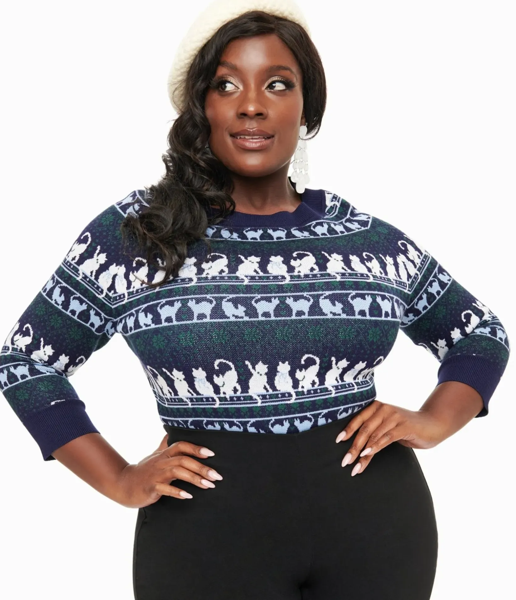 Unique Vintage Sweaters & Cardigans|Sweaters & Cardigans>Plus Size 1940s Navy & White Cat Pattern Lorelai Sweater