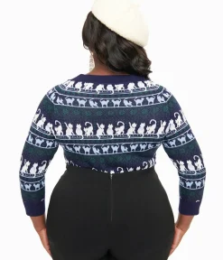Unique Vintage Sweaters & Cardigans|Sweaters & Cardigans>Plus Size 1940s Navy & White Cat Pattern Lorelai Sweater
