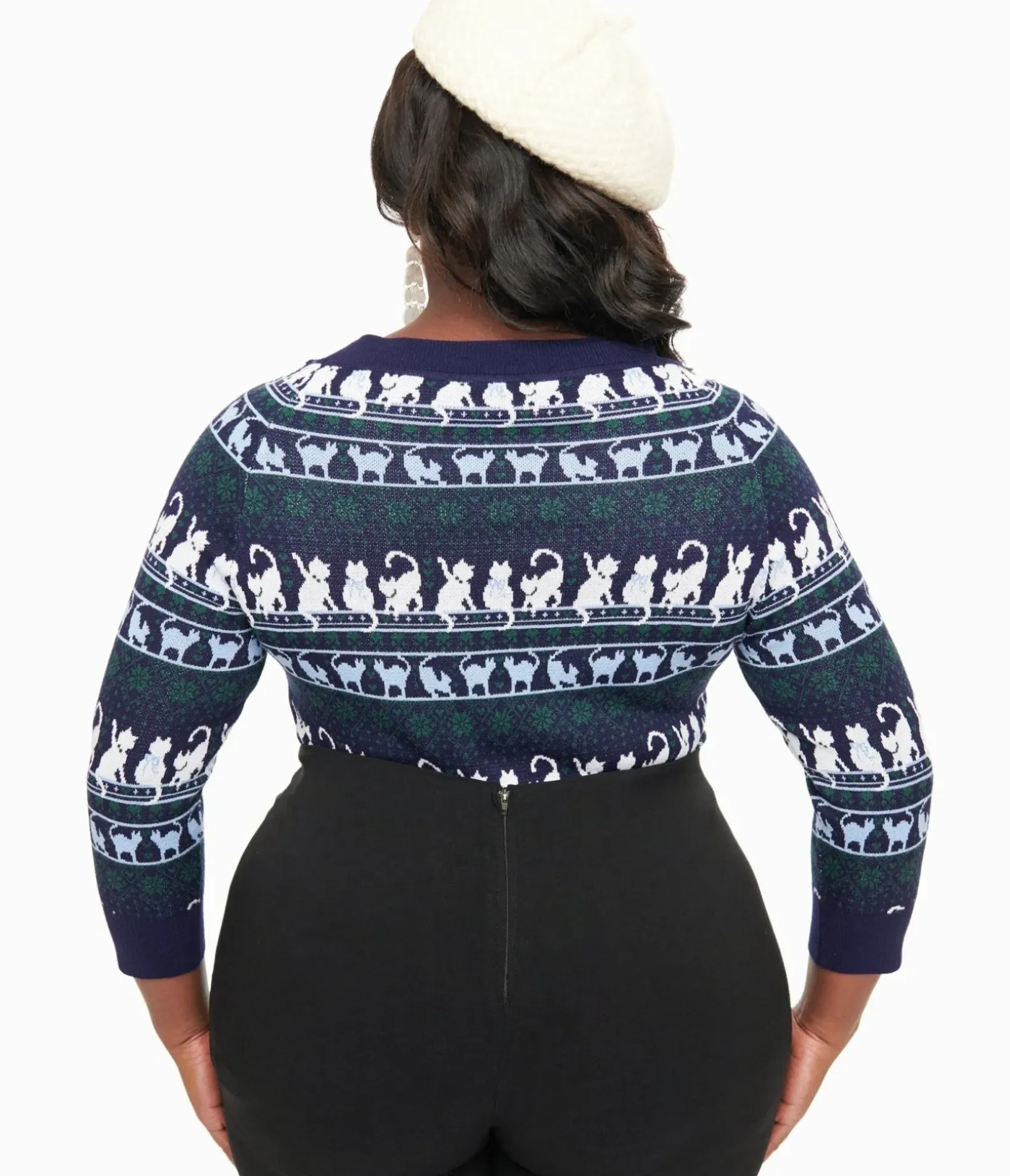Unique Vintage Sweaters & Cardigans|Sweaters & Cardigans>Plus Size 1940s Navy & White Cat Pattern Lorelai Sweater