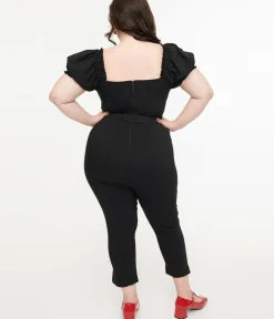 Unique Vintage Rompers & Jumpsuits|Rompers & Jumpsuits>Plus Size Solid Black Belted Jumpsuit