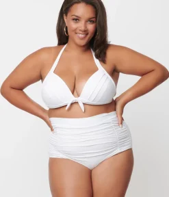 Unique Vintage Two Piece Swim|Swim Tops>Plus Size Solid White Monroe Halter Swim Top