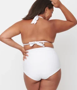 Unique Vintage Two Piece Swim|Swim Tops>Plus Size Solid White Monroe Halter Swim Top