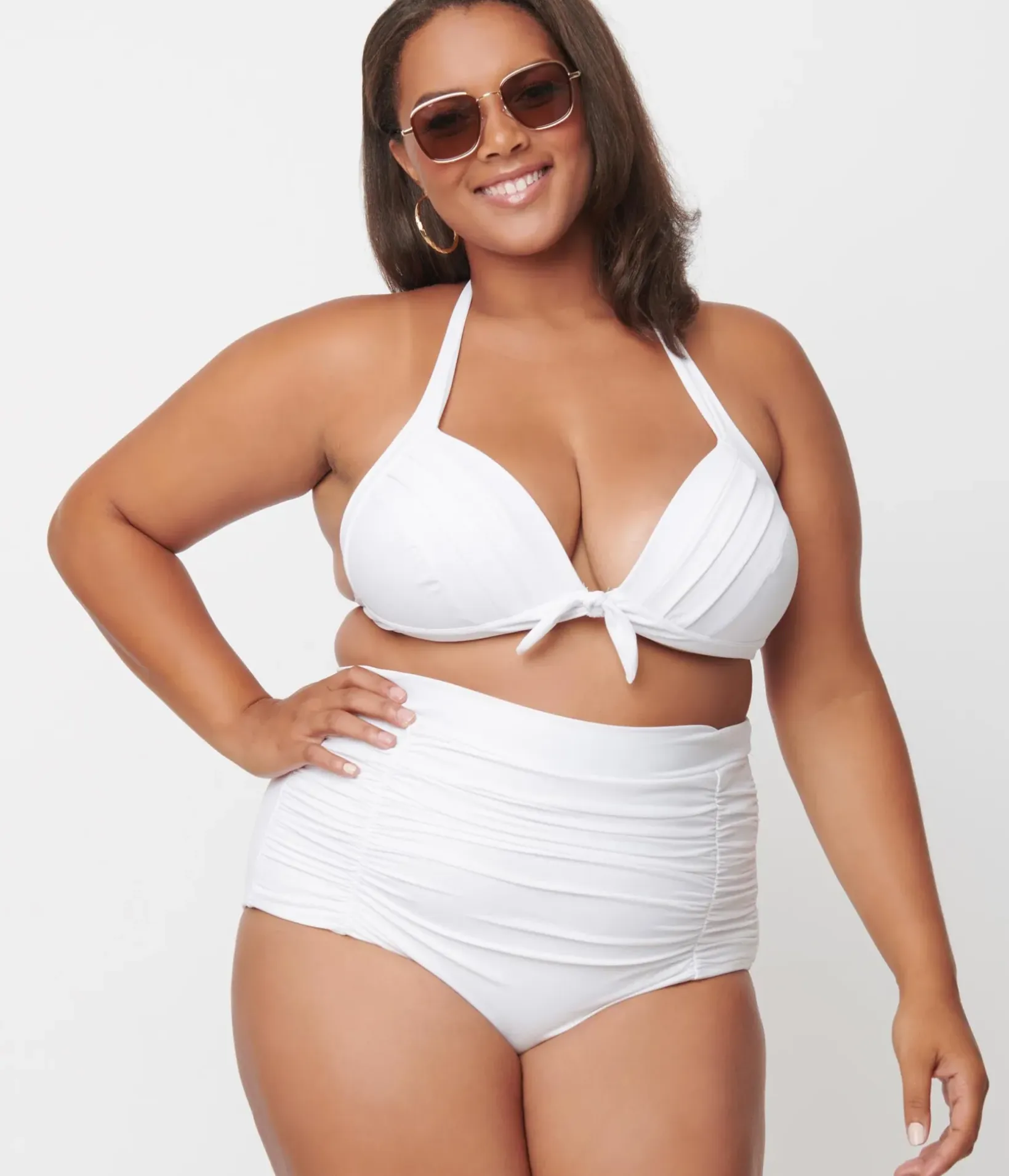Unique Vintage Two Piece Swim|Swim Tops>Plus Size Solid White Monroe Halter Swim Top