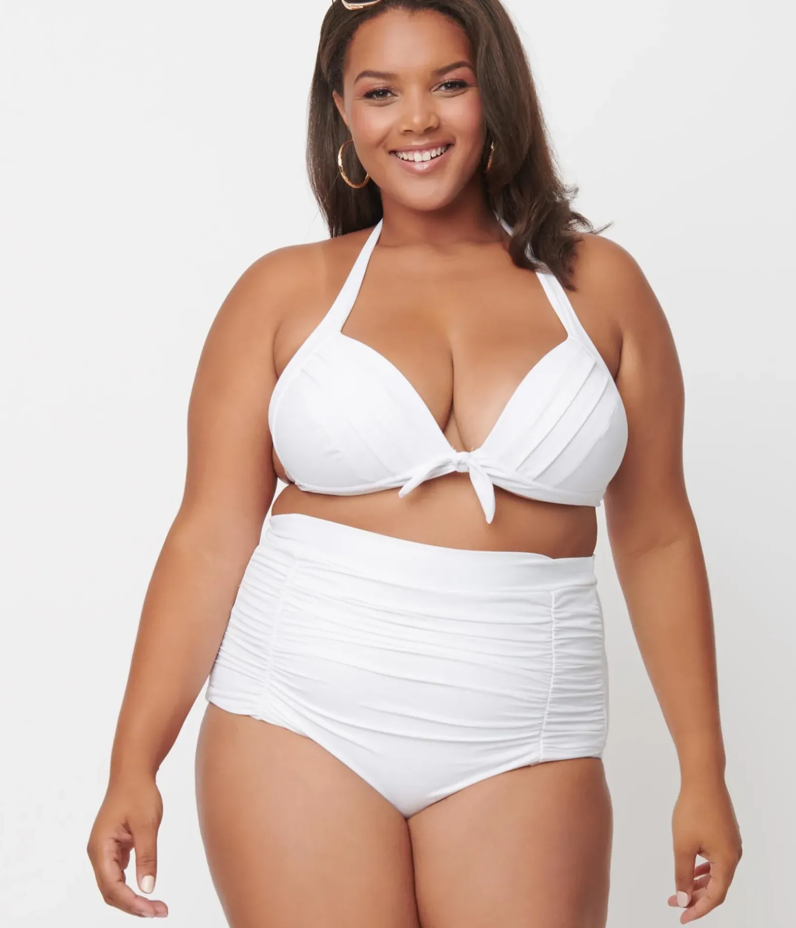 Unique Vintage Two Piece Swim|Swim Tops>Plus Size Solid White Monroe Halter Swim Top