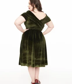 Unique Vintage Swing|Pocket Dresses>Plus Size 1950s Olive Green Shirred Velvet Swing Dress
