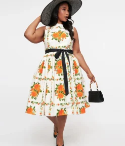 Unique Vintage Swing|Pocket Dresses>Plus Size 1950s Orange Fall Floral Sleeveless Swing Dress