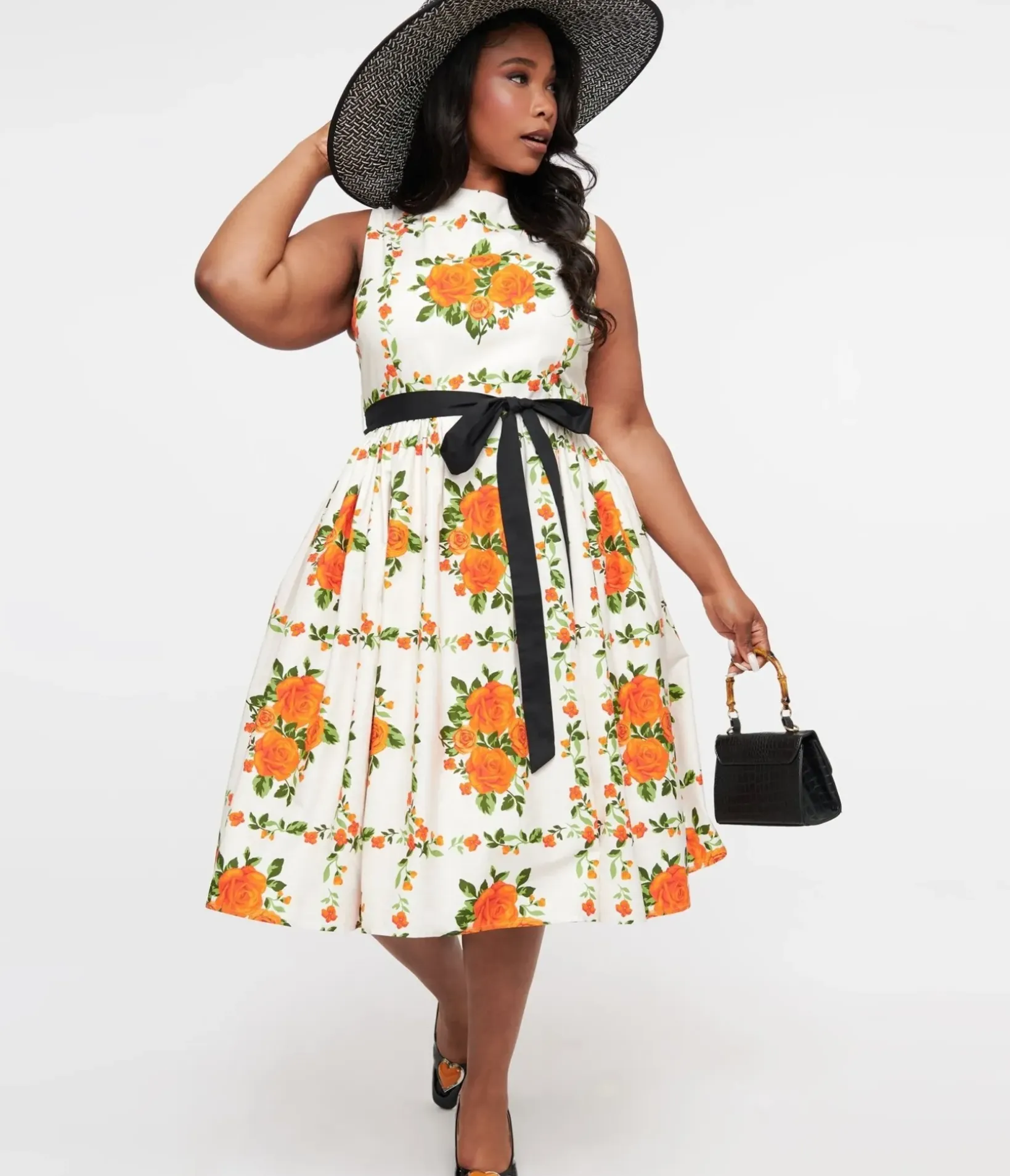 Unique Vintage Swing|Pocket Dresses>Plus Size 1950s Orange Fall Floral Sleeveless Swing Dress