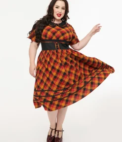Unique Vintage Swing|Pocket Dresses>Plus Size 1950s Orange & Red Plaid Peter Pan Collar Swing Dress