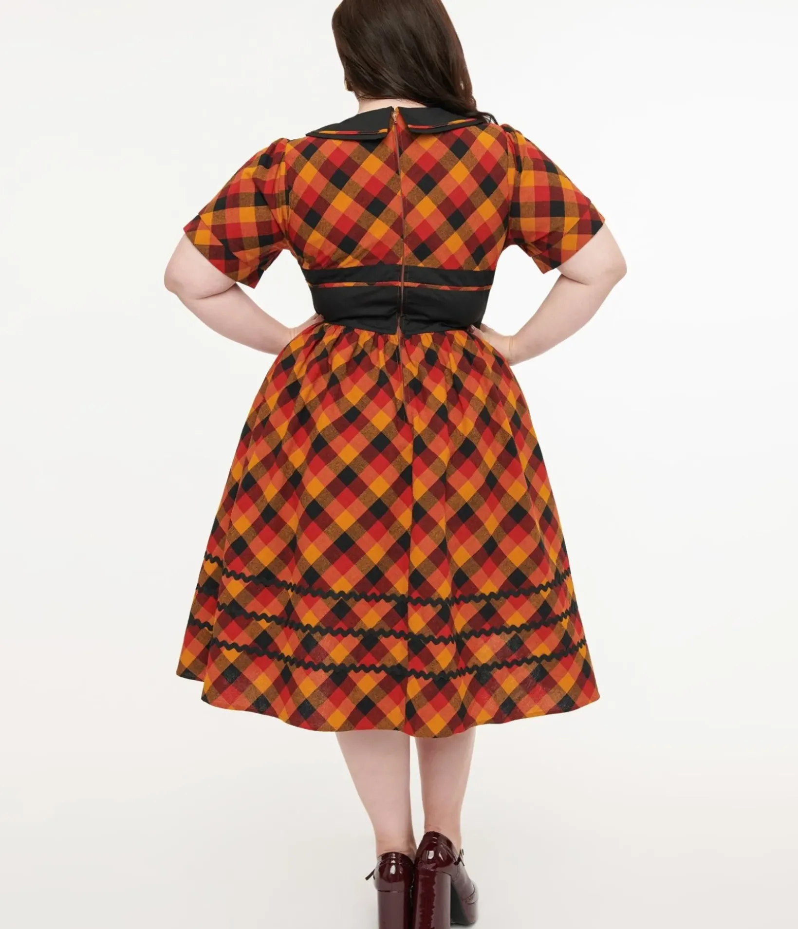 Unique Vintage Swing|Pocket Dresses>Plus Size 1950s Orange & Red Plaid Peter Pan Collar Swing Dress