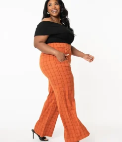 Unique Vintage Pants|Pants>Plus Size 1940s Orange Windowpane High Waist Ginger Pants