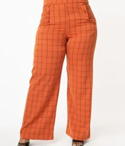 Unique Vintage Pants|Pants>Plus Size 1940s Orange Windowpane High Waist Ginger Pants