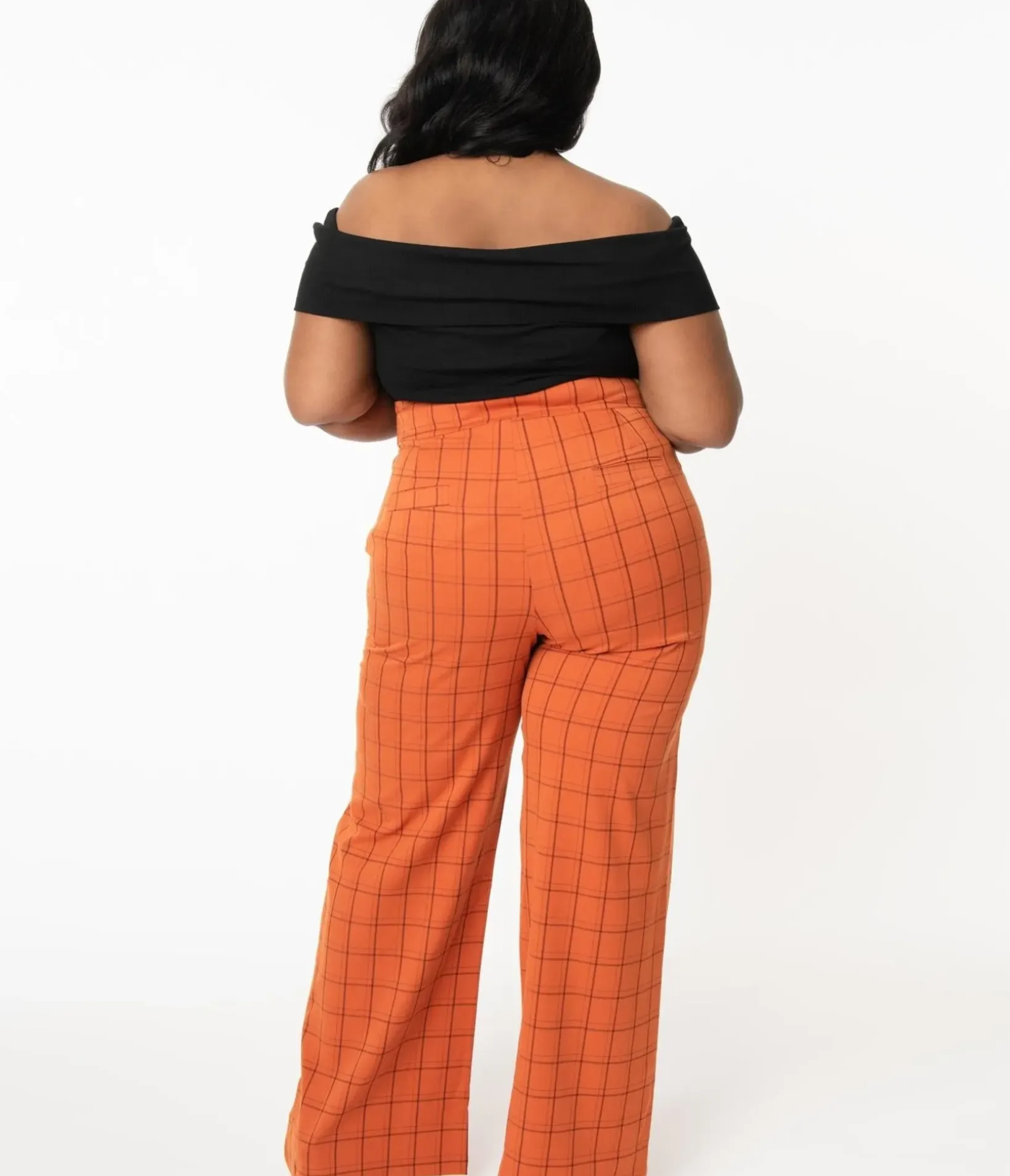 Unique Vintage Pants|Pants>Plus Size 1940s Orange Windowpane High Waist Ginger Pants