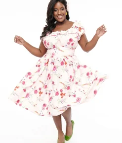 Unique Vintage Swing|Pocket Dresses>Plus Size 1950s Pink Floral Off The Shoulder Ruffle Swing Dress