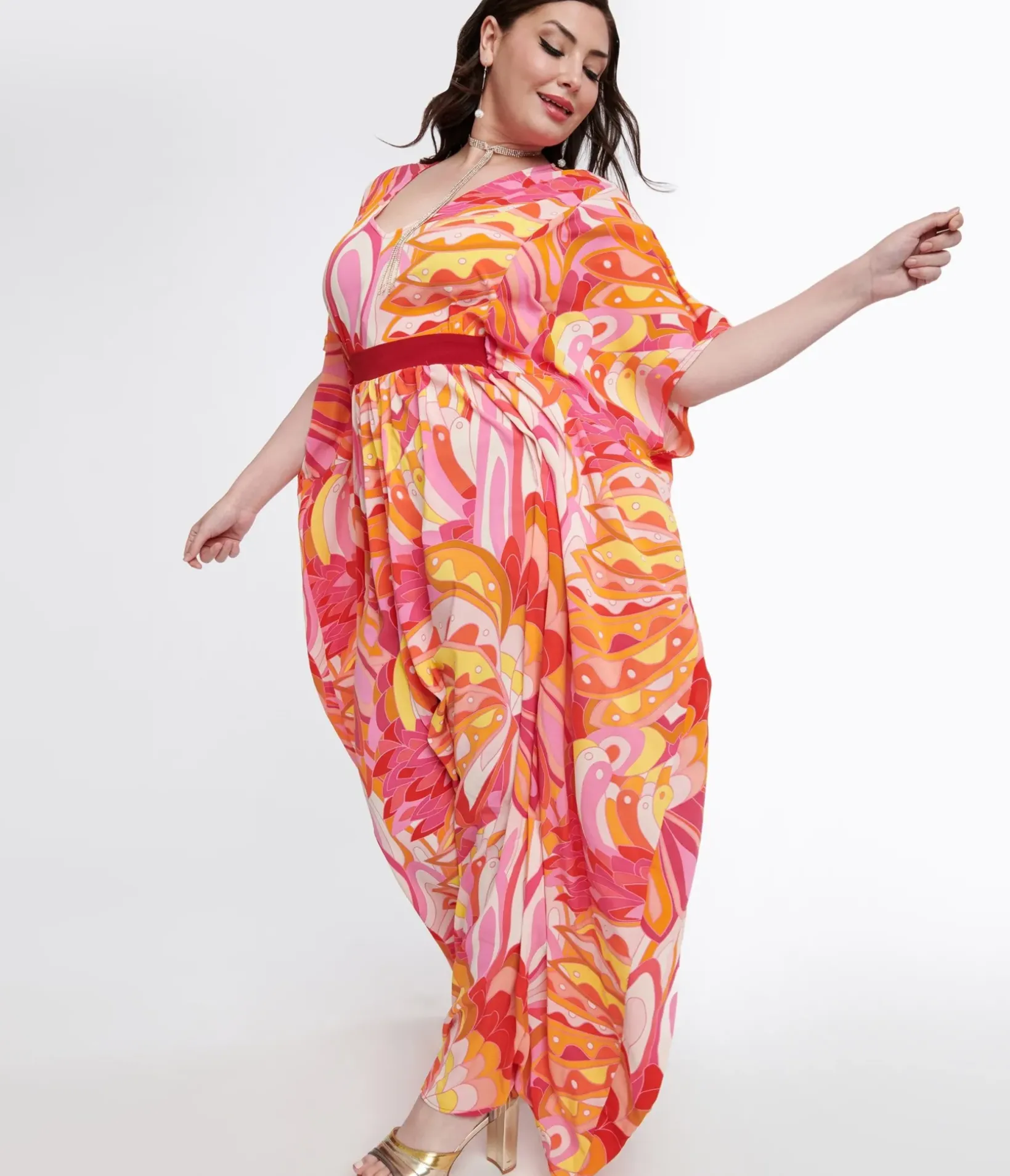 Unique Vintage Caftans|Caftans>Plus Size 1970s Pink & Orange Psychedelic Print Caftan Jumpsuit