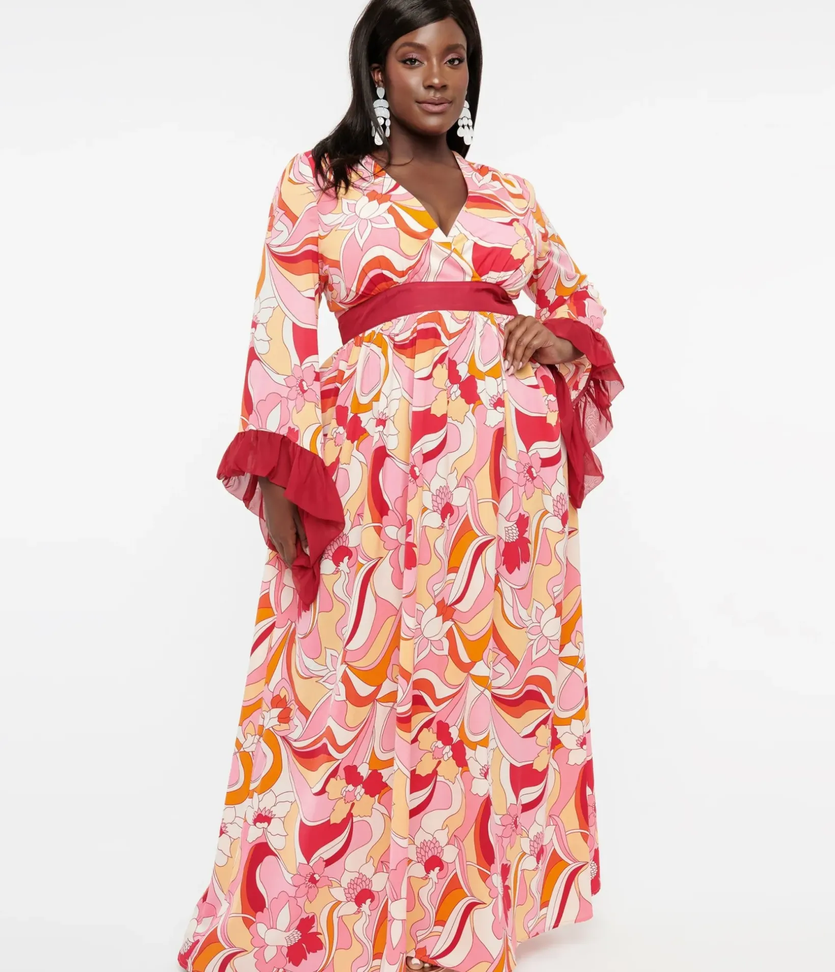 Unique Vintage Maxi|Midi & Maxi>Plus Size 1970s Pink & Red Psychedelic Floral Maxi Dress