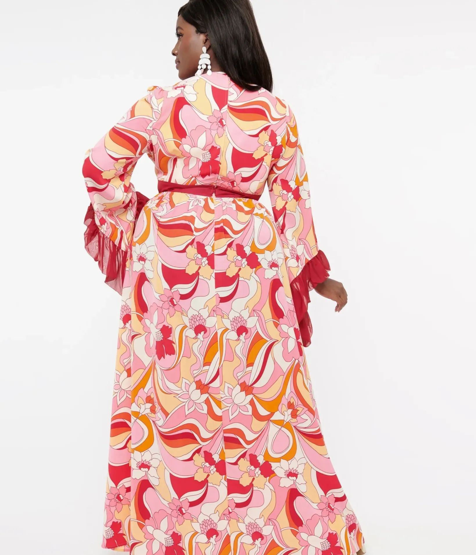 Unique Vintage Maxi|Midi & Maxi>Plus Size 1970s Pink & Red Psychedelic Floral Maxi Dress