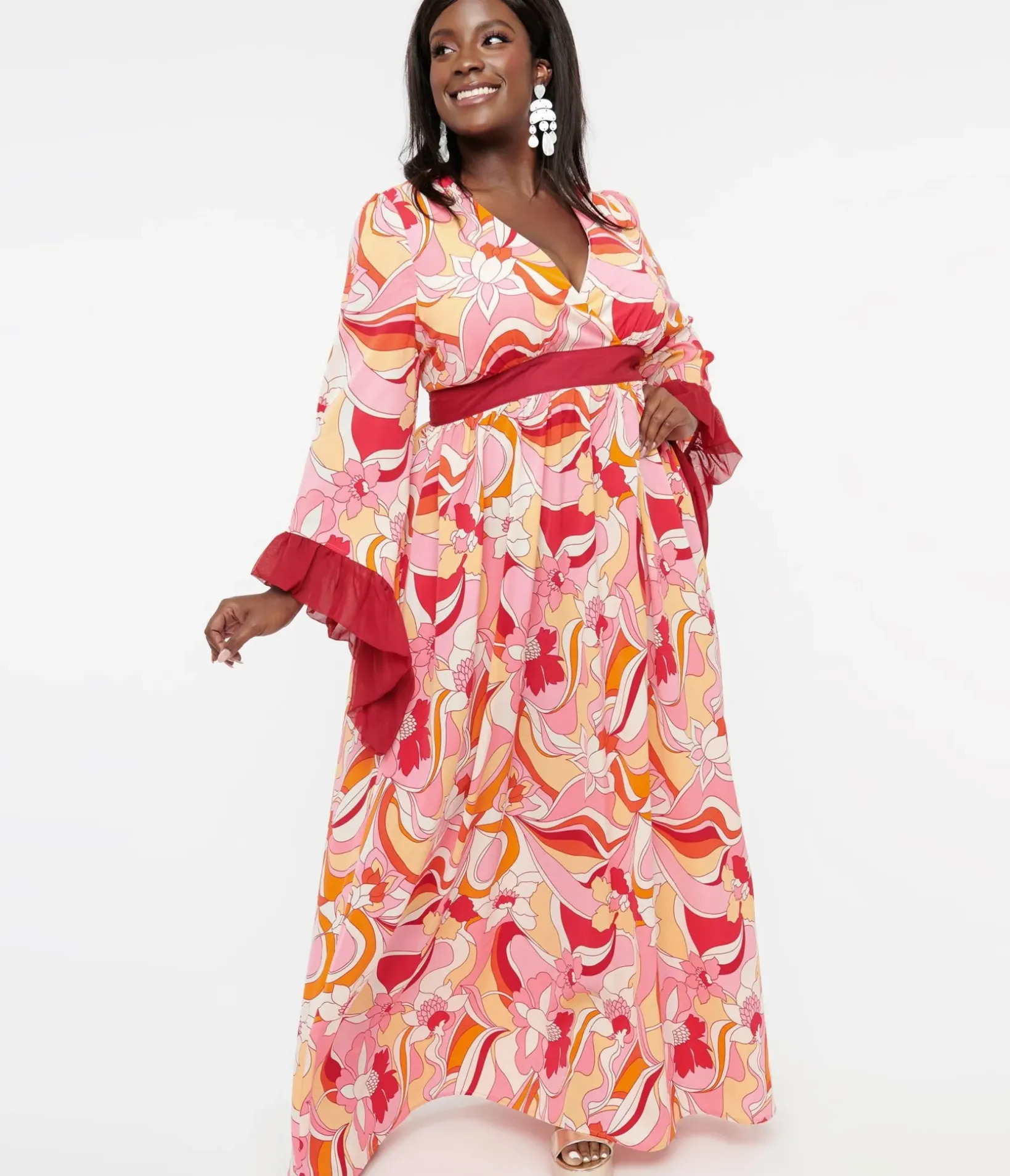 Unique Vintage Maxi|Midi & Maxi>Plus Size 1970s Pink & Red Psychedelic Floral Maxi Dress